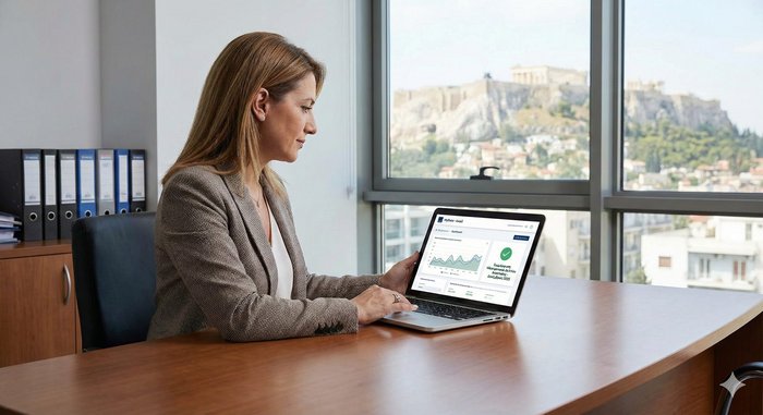 Επιχειρηματίας διαβάζει έγγραφα για ηλεκτρονικό δελτίο αποστολής στο γραφείο