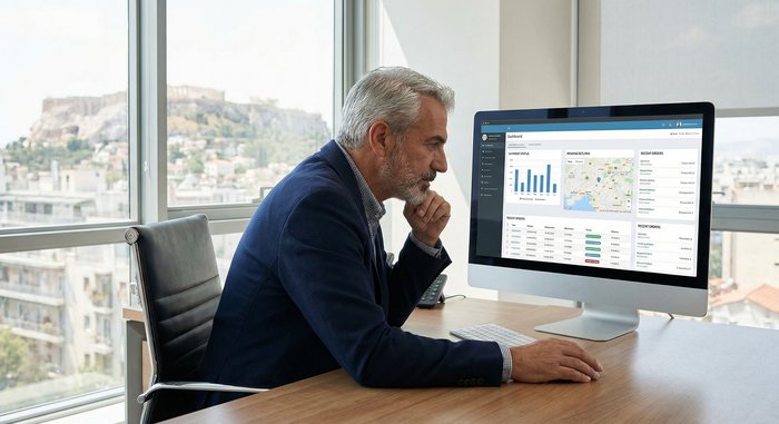 Επιχειρηματίας e-shop ελέγχει αποστολές και επιστροφές σε οθόνη