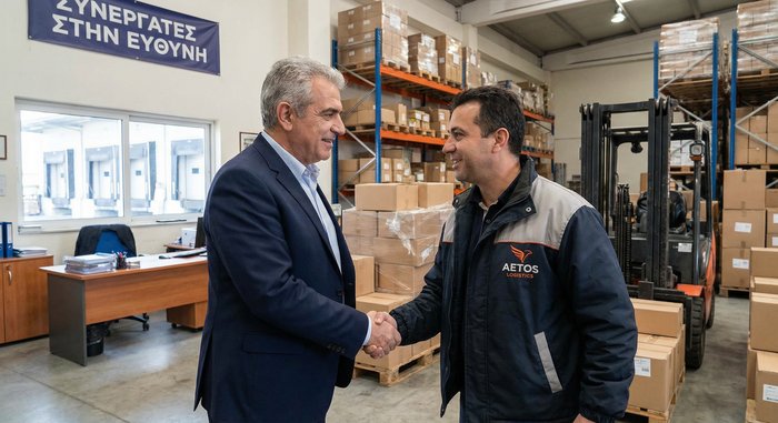 Επιχειρηματίας e-shop σε συνομιλία με courier - συνεργασία και ευθύνη